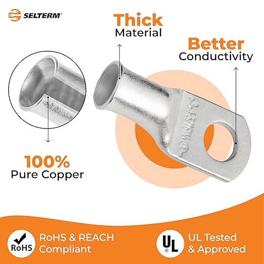 SELTERM 10pcs 4 AWG-5/16 Stud (Wide Pad) Tinned Copper Wire Lugs, Heavy Duty Battery Cable Ends,4 Guage Ring Terminals, UL Battery Lugs Marine Grade Copper Eyelets Battery Terminal Connectors