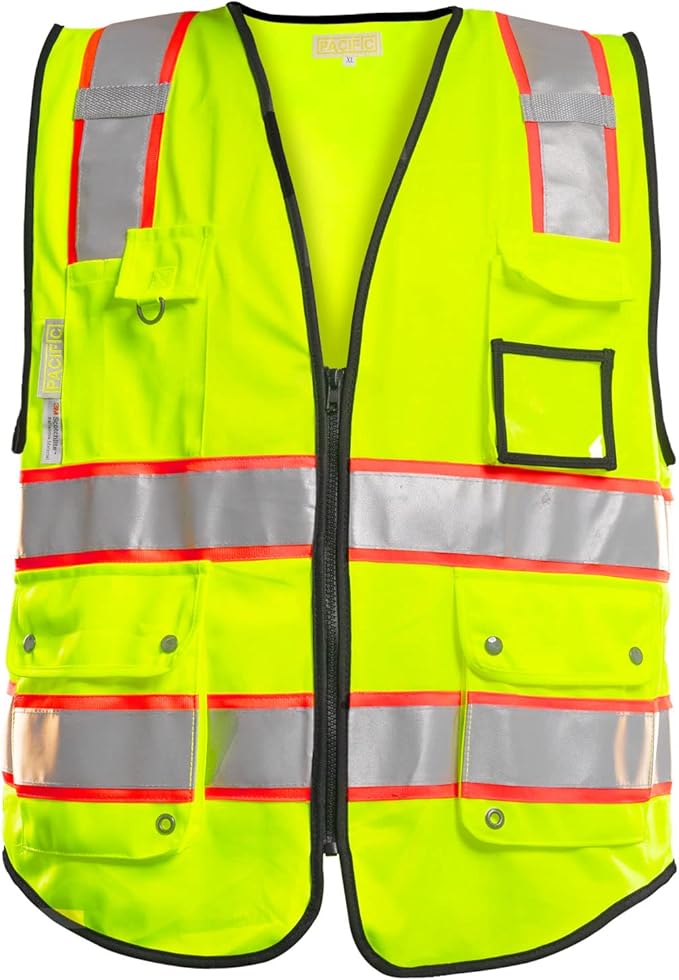 PACIFIC 10 Pockets Safety Vest for Men, 3M High Visibility Reflective Strips with Pockets and Zipper, ANSI Class 2, Yellow, Large