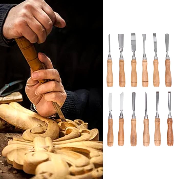 Cunyuer 12 PCS Wood Carving Tools, 60CRV Blade Wood Chisel Sets with Wooden Case, Woodworking Chisel for DIY Handicrafts