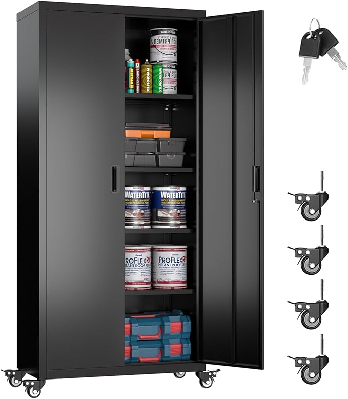 73 Inches Metal Storage Cabinet on Wheels,Storage Cabinet with Wheels and 4 Adjustable Shelves,Rolling Garage Cabinets for Office,Warehouse,Assemble Required(Black)