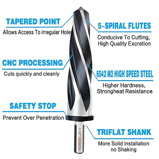 DKIBBITH 1-1/2" Bridge Construction Reamer Drill Bit, M2 HSS Taper Chucking Reamer for Steel Alloy Metal Wood Plastic, 1/2" Non-Slip Shank, 5-Spiral Flutes Car Reamer, to Align or Enlarge Holes, 38mm
