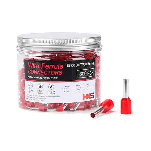HKS 800PCS Wire Ferrule Connectors - AWG 14-2.5mm² Copper Barrel Pin Cord Ends Insulated Ferrules Terminals - E2508 Red