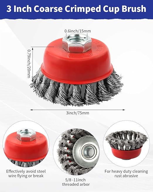 Rocaris 3 Pack Wire Wheel Cup Brush for Angle Grinders,3 & 4 Inch Twisted Knotted & Coarse Crimped Cup Brush,5/8-11 Inch Threaded Arbor for Rust, Corrosion