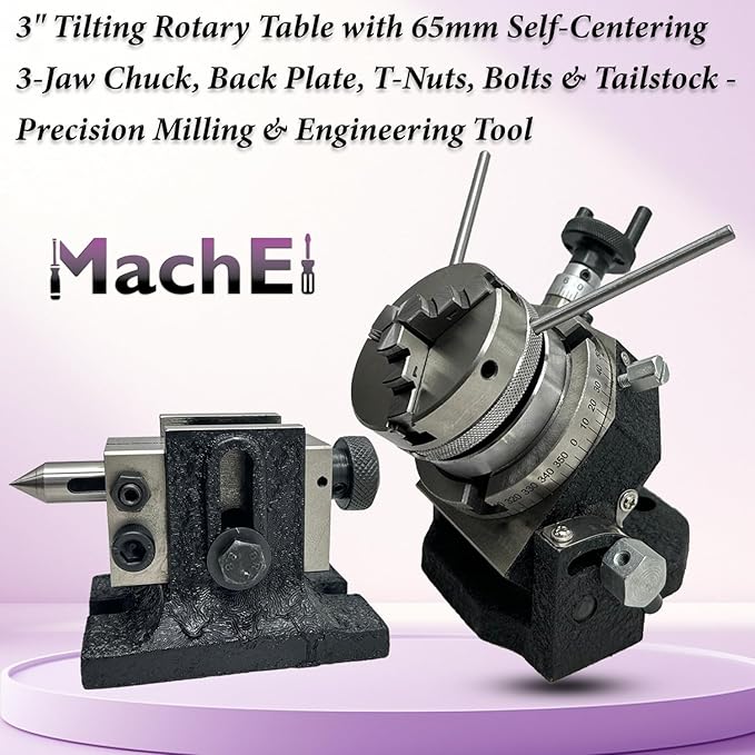 MachEl 3" Tilting Rotary Table with 65mm Self-Centering 3-Jaw Chuck, Back Plate, T-Nuts, Bolts & Tailstock - Precision Milling & Engineering Tool