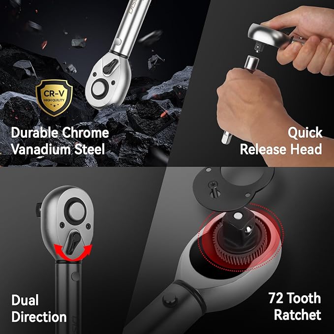 DISEN 1/4-Inch Drive Click Torque Wrench 20-220 In.lb/2-24Nm, 72 Tooth Dual-Direction Adjustable Ratchet Torque Wrench for Bike, Motorcycle and Car Repair
