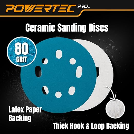 POWERTEC PRO 50PK, 5 Inch Sanding Discs Hook and Loop, 80 Grit, Ceramic Orbital Sander Sandpaper for 5 & 8 Hole Random Orbital Sanders - Automotive, Paint, Metal, Woodworking (45308C-50)