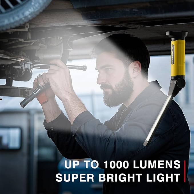 Mechanic Light,1000 Lumens Rechargeable LED Work Light with Magnetic Base, 120° Rotate 3 Modes, 4000mAh Magnetic Flashlight for Car Repair, Camping, and Emergency (2 Pack)