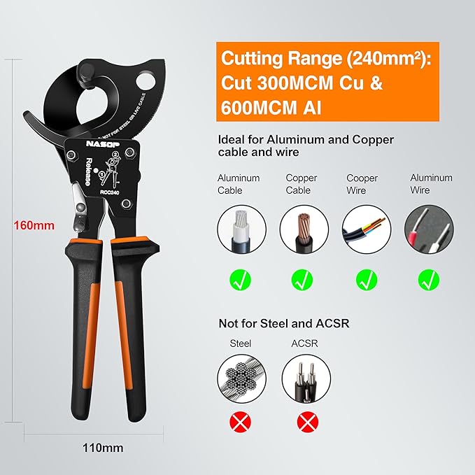 Nasop Compact Heavy Duty Ratcheting Cable Cutter for 300MCM copper 600MCM aluminum (240mm2)