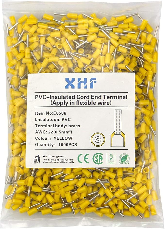 XHF 1000 PCS AWG 22/0.5mm² Wire Ferrules Insulated Copper Crimp Connectors, Crimp Pin Cord End Terminals Yellow