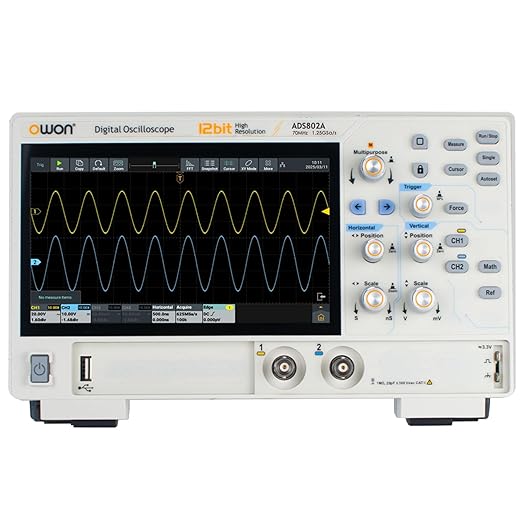 OWON Digital Oscilloscope ADS802A 70 MHz with Dual Channel 12 Bits Vertical Resolution Lab Oscilloscope with 1.25GSa/s Sample Rate 700,000 Wfms/s Waveform Capture Rate with 7 inch Display(70MHz/2CH)