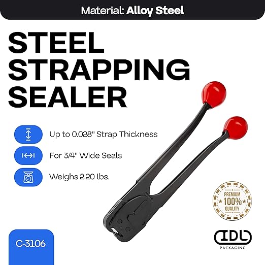 IDL Packaging C-3106 Double-Notched Front-Action Sealer/Crimper for 3/4" Steel Strapping - Hard and Durable Steel Construction - Professional Gear with High-Strength Sealing Action