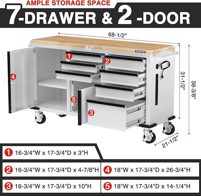 WORKPRO 62" x 20" 7-Drawer & 2-Door Rolling Tool Chest, Mobile Tool Storage Cabinet with Power Strip, Locking System, Heavy Duty Rolling Cabinet for Garage, Warehouse & Kitchen, 1000 lbs Capacity
