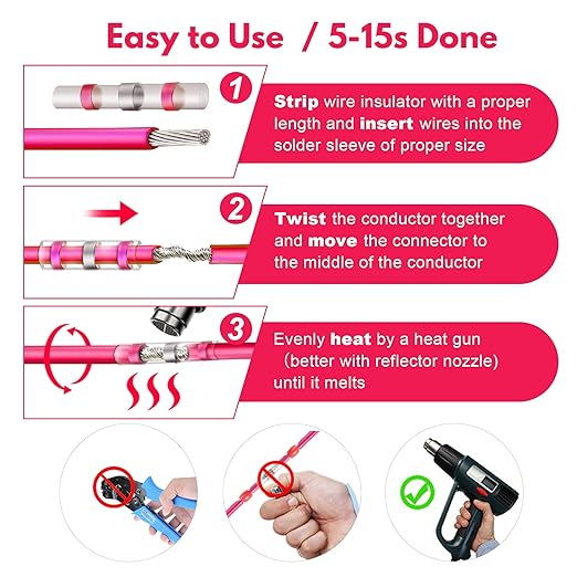 Kuject 400PCS Solder Seal Wire Connectors AWG 22-18, Red Solder Seal Heat Shrink Butt Connectors Terminals Solder Sleeve Waterproof Wire Splice Connector for Marine Automotive Boat Wire Joint