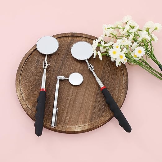 3 PCS Inspection Mirror, Telescopic Mechanic Mirror, Comfortable Grip, 360 Degree Rotation for Technicians Mechanics Contractors to Inspect and Observe (Round)