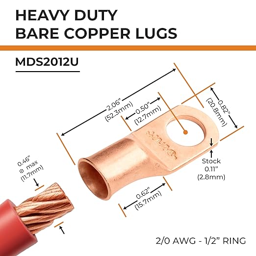 SELTERM 5pcs 2/0 AWG 1/2" Stud Copper Wire Lugs, Ring Terminals, Battery Cable Ends, 00 Gauge Ring Terminal Connectors, UL Heavy Duty Bare Copper Eyelets Battery Terminal Connectors