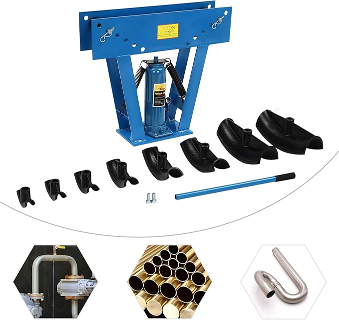 16 Ton Hydraulic Pipe Bender Manual Pipe Bending Machine Tube Bender Tool with 8 Bending Dies (1/2", 3/4", 1", 1-1/4", 1-1/2", 2", 2.5", 3") Adjustable Rollers 90-180° Steel Iron Metal Ratcheting