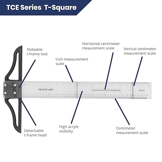Pacific Arc 42 Inch T Square, Traditional Acrylic Graduated in Inch and Metric, Detachable Head