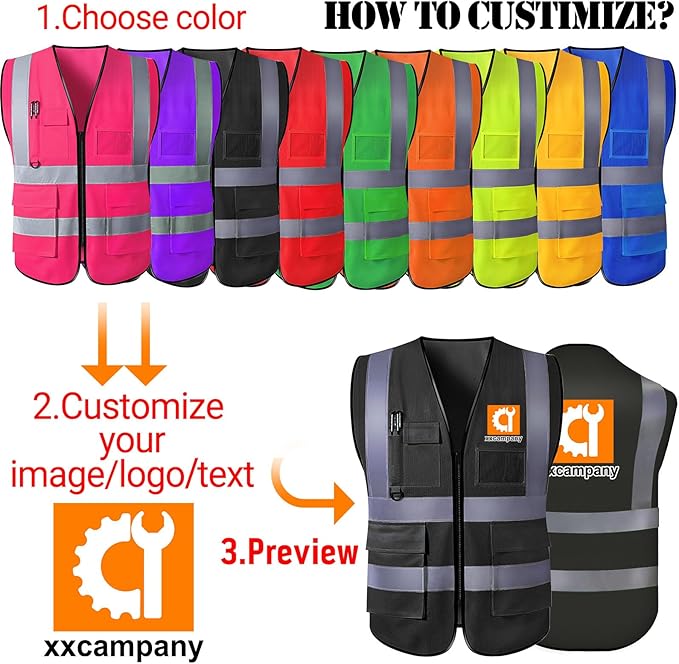 Custom Safety Vest for Men with Logo High Visibility Safety Vests Reflective with Pockets and Zipper Construction
