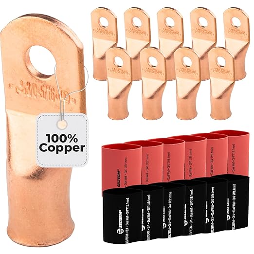 SELTERM 10pcs - 3/0 Awg - 5/16" Stud - Battery Lugs - Ring Terminal Connectors | with 12pcs 3:1 Black & Red Heat Shrink Tubing with Adhesive | Heavy Duty Battery Cable Ends - Bare Copper Wire Lugs Kit