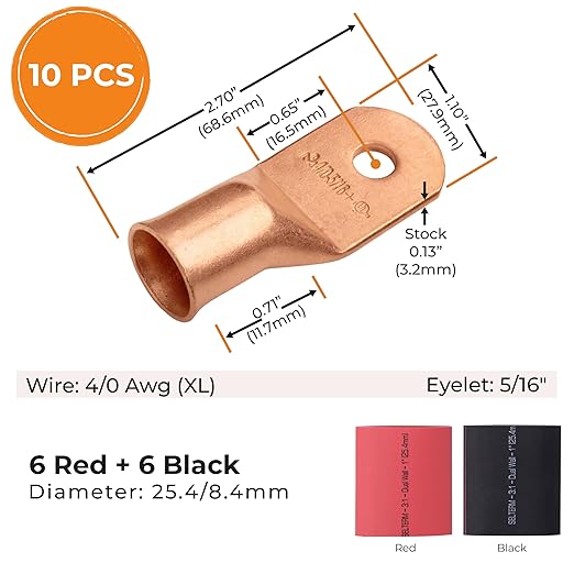 SELTERM 10pcs - 4/0 Awg (XL) 5/16" Stud - Battery Lugs - Ring Terminal Connectors with 12pcs 3:1 Black & Red Heat Shrink Tubing with Adhesive, Heavy Duty Battery Cable Ends - Bare Copper Wire Lugs Kit
