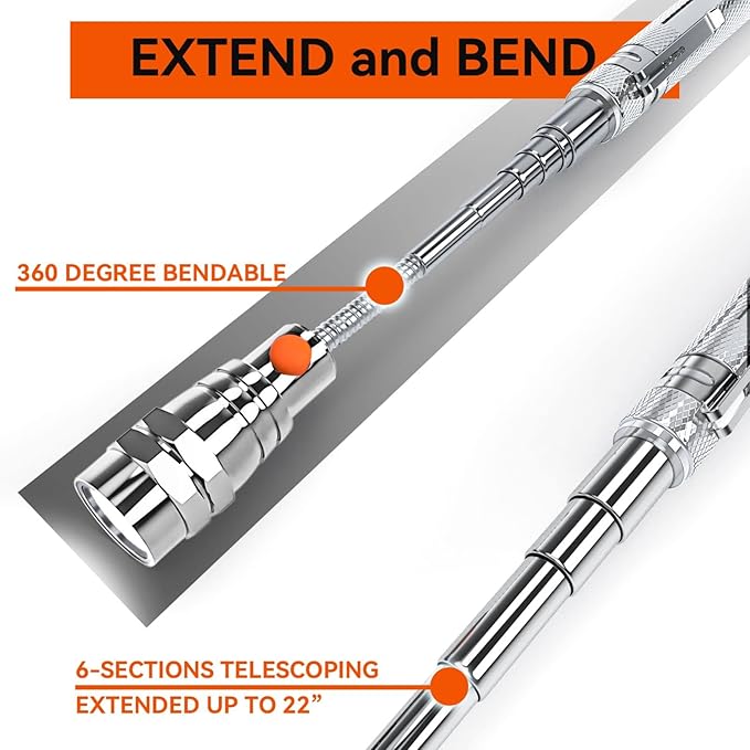 VIBELITE Extendable Magnetic Flashlight with Telescoping Magnet Pickup Tool-Cool Gadget Birthday for Men, Dad, Husband, Him, Father, Mechanic,Tech, Handyman, Boyfriend, Women, Silve