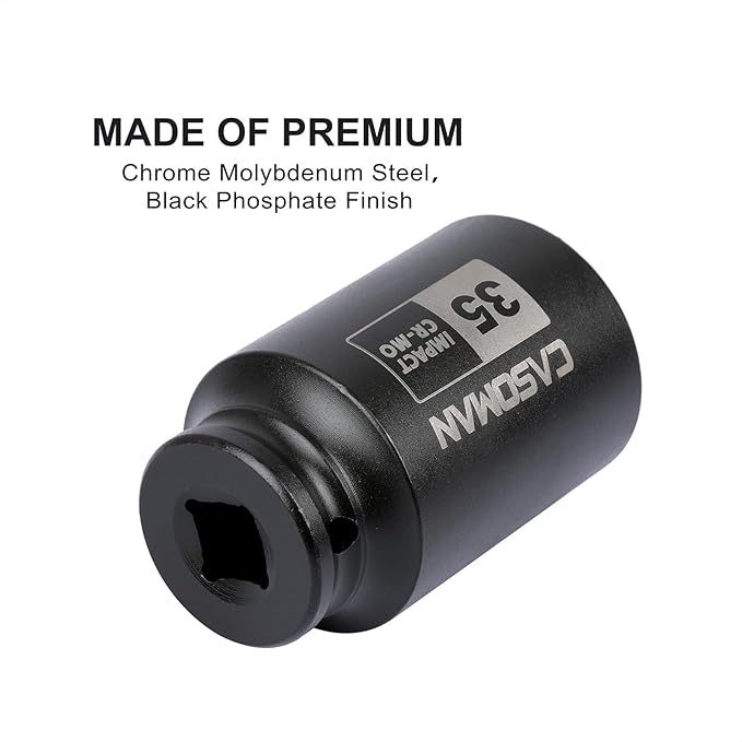 CASOMAN 1/2" Drive x 35 mm Deep 6 PT Impact Socket, CR-MO, 1/2-inch Drive 6 Point Axle Nut Socket for Easy Removal of Axle Shaft Nuts (35MM)