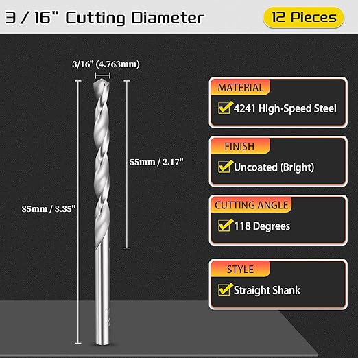 Drill Bit, 3/16" Cutting Diameter, 4241 HSS 118° Cutting Angle Uncoated Bright Versatile Jobber Bits - (Applications: for Drilling Plastic Wood Soft Metal), 12-Pieces