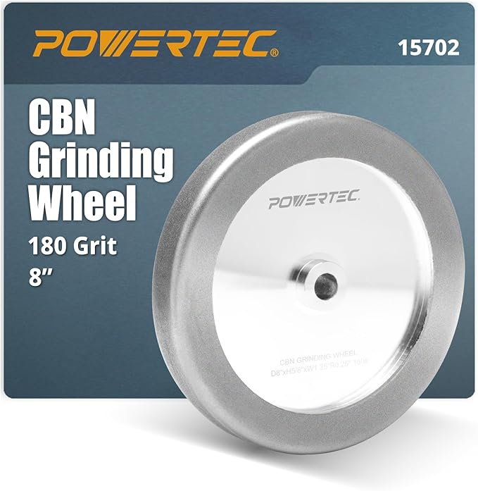 POWERTEC CBN Grinding Wheel 8 Inch 180 Grit, 1-1/4" Wide, 5/8" Arbor – 4-in-1 CBN Sharpening Wheel with 1/4" Radius Edge and Side Face for Bench Grinder (15702)