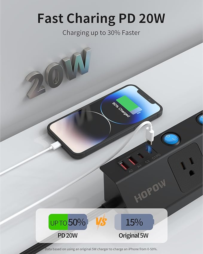 Desk Clamp Power Strip with Individual Switches, 10FT Desktop Mount Charging Station, 5-Outlet Surge Protector with 2 USB-C (20W PD), Fit 1.7" Tabletop Edge, Wall Mount for Home Office, Black