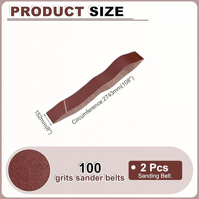HARFINGTON 6 x 108 Inch Sanding Belts, 2 Pcs 100 Grits Aluminum Oxide Abrasive Belt Sander File Belt for Woodworking, Metal Polishing, Knife Sharpener