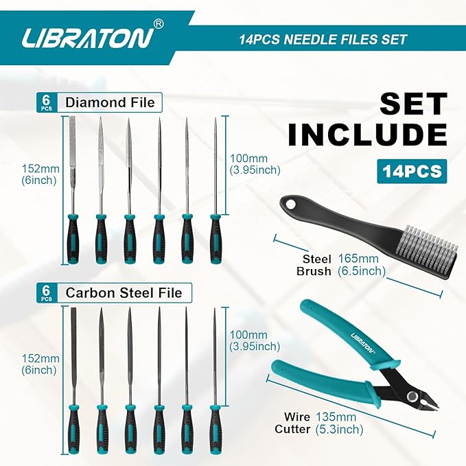 Libraton Needle File Set, Diamond Needle File Set, 14PCS Small File Set, 6 Diamond Files & 6 Carbon Steel Files with Wire Cutter, Steel Brush, Carry Bag, Jeweler File Tools for Soft Metal,Wood,Model