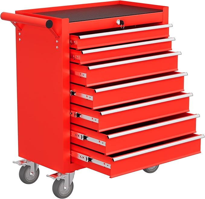 Rolling Tool Chest with Drawers, 7 Drawers Tool Chests & Cabinets, Metal Toolbox with Wheels, Lockable Storage Cabinet, Garage Tool Box with Drawers (Red, 7 Drawers)