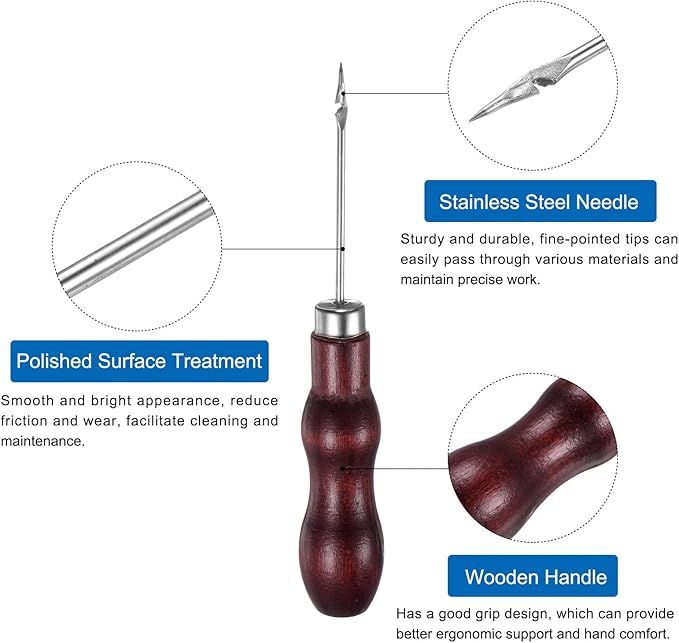 HARFINGTON 3pcs Handwork Sewing Awl Double Gourd Hook Head Awl Leather Punch Hole Tool with Wooden Handle Scratch for Broken Wire Drilling Stitching Repair and DIY Handmade, Rosewood Color