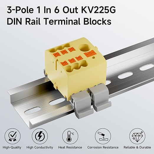 4Pcs KV225G DIN Rail Terminal Blocks, 3-Pole 1 in 6 Out Push-in Wire Connector/Splitter, 690V 24A