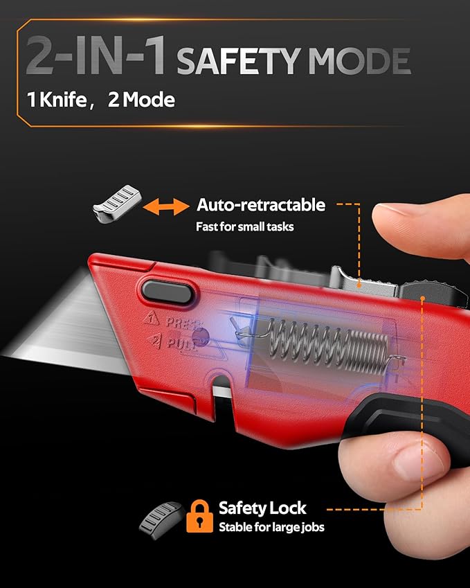Box Cutter Utility Knife, [2-in-1] Retractable Box Cutter, Heavy Duty Safety Sharp Razor Knife for Home & Warehouse Cardboard, Carpet, [Blade Storage], with Extra Razor & Hook Blades (Red)