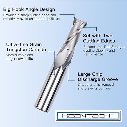 KEENTECH 1/2" Shank Upcut 2 Flute Flat Tip Sprial Router Bit for CNC Router Machine, 1/2" Cutting Diameter, 1-1/4" Cutting Depth, for Wood Cutting, Custom Furniture, Slot Mortise, Engraving, Carving