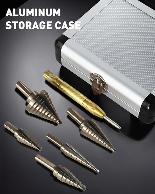 COMOWARE Step Drill Bit Set & Automatic Center Punch- Black and Gold, Double Cutting Blades, High Speed Steel, Short Length Drill Bits Set of 5 pcs, Total 50 Sizes with Aluminum Case