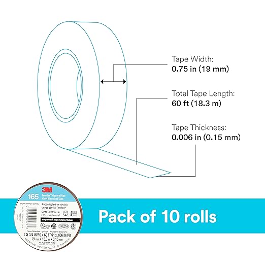 3M Temflex Multi-Purpose Vinyl Electrical Tape 165, Brown, 3/4 in x 60 ft (19 mm x 18 m), 10 Roll Pack