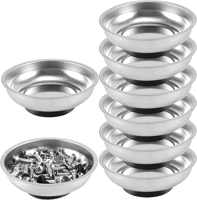 FUNSUEI 8 Packs 6 Inches Magnetic Tray, Stainless Steel Magnetic Bowl, Round Magnetic Parts Tray for Pins, Screws, Bolts, Nuts, Small Parts