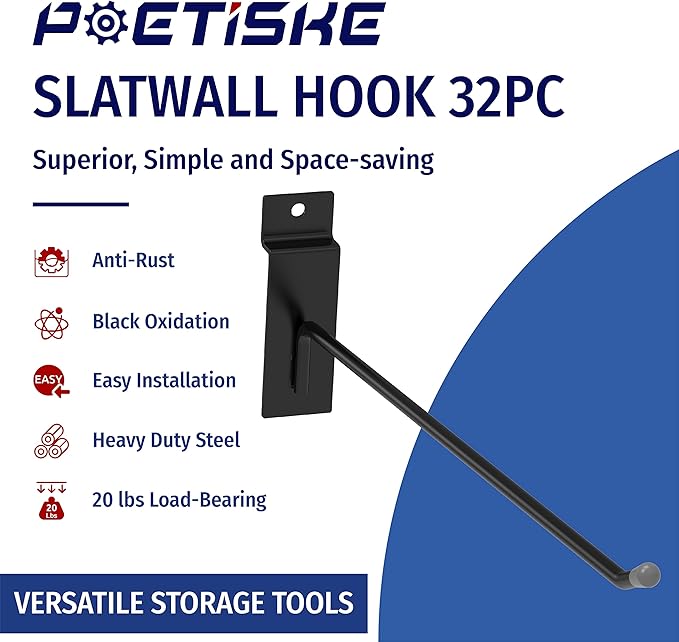 POETISKE Slatwall Hooks 32PC 12 Inch, Heavy Duty Pegboard Gridwall Display Hooks for Retail, Garage Organization, Black
