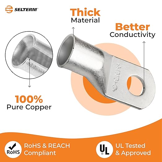 SELTERM 2pcs 4/0 AWG (XL) 1/2" Stud Tinned Copper Wire Lugs, Battery Lugs,Ring Terminals, Battery Cable Ends, 0000 Gauge Ring Terminal Connectors,UL Marine Grade Electrical Battery Terminal Connectors