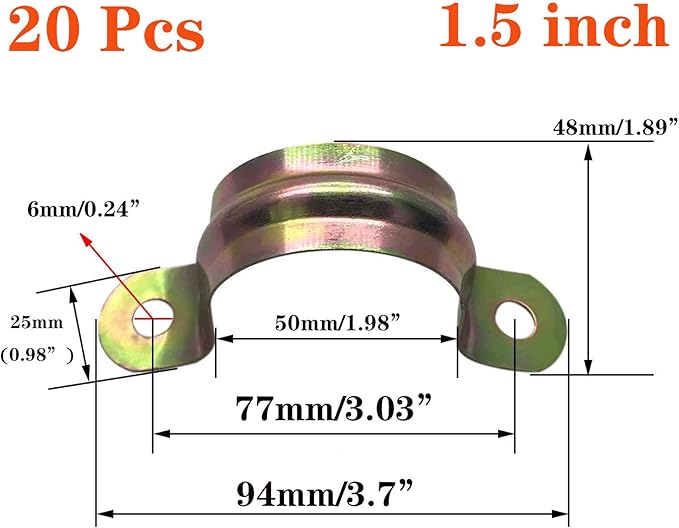 20 Pcs 1.5inch Rigid Pipe Strap,Two Hole Strap U Bracket Iron, Widened Tube Strap Tension Clip Assortment Kit Heavy Duty Pipe Clamp（50mm）