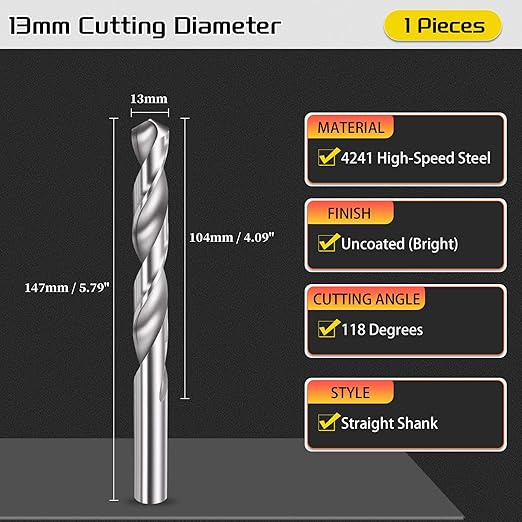 Drill Bit, 13mm Cutting Diameter, 4241 HSS 118° Cutting Angle Uncoated Bright Versatile Jobber Bits - (Applications: for Drilling Plastic Wood Soft Metal), 1-Pieces
