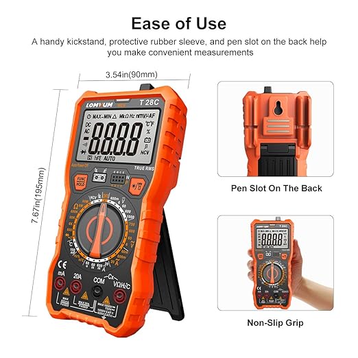 Lomvum Digital Multimeter 6000 Counts TRMS Auto-Ranging Portable Multimeter with AC DC Voltmeter and Ohmmeter Tester，Measures Voltage Current Capacitance Resistance Temperature Frequency Diode (T6)