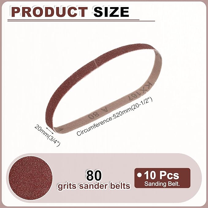 HARFINGTON 3/4 x 20 1/2 Inch Sanding Belts, 10 Pcs 80 Grit Aluminum Oxide Abrasive Belt Sander File Belt for Woodworking, Metal Polishing, Knife Sharpener