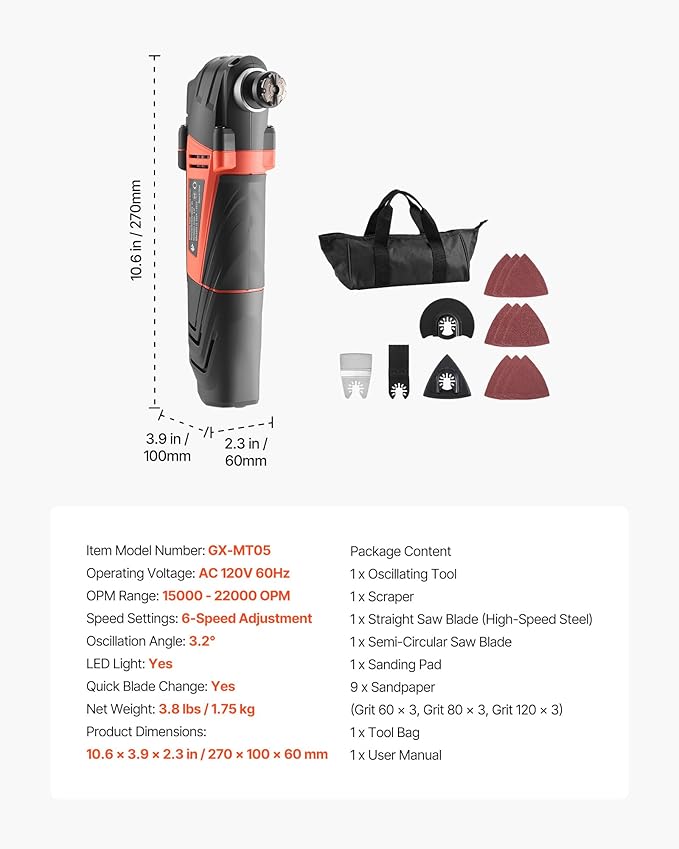 VEVOR Multitool Oscillating Tool, 3Amps Corded Oscillating Multi Tool with 6 Variable Speeds 15000-22000 OPM, 3.2° Oscillating Angle, 13PCS Saw Accessories, LED Work Light & Tool Bag
