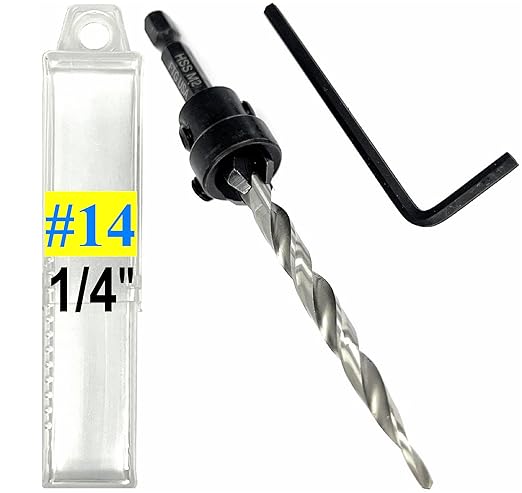 FTG USA Adjustable Wood Countersink Drill Bit #14 (1/4") with Tapered Drill Bit for Woodworking