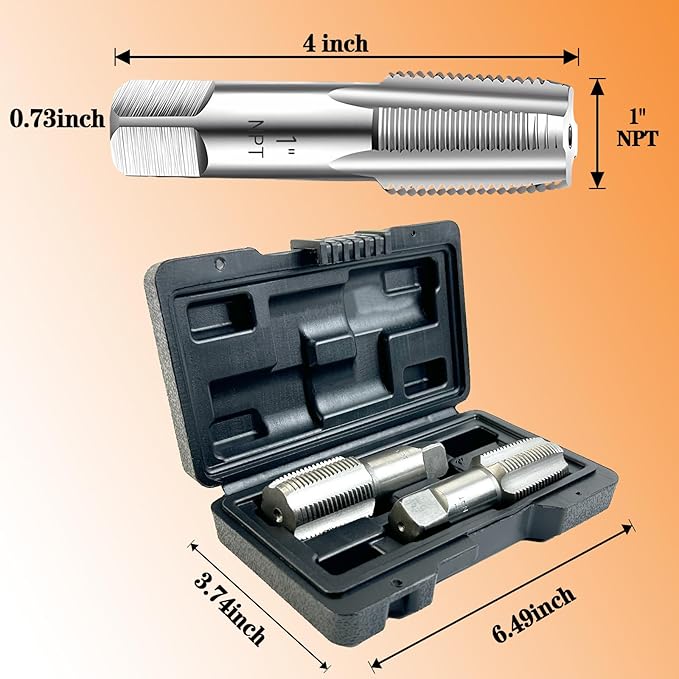 2-Piece NPT Pipe Tap Set, Precision Carbon Steel NPT Tap Set for Clean Accurate Threads, 1" NPT Tap, Perfect for Plumbers Mechanics DIYers, with Durable Plastic Case.