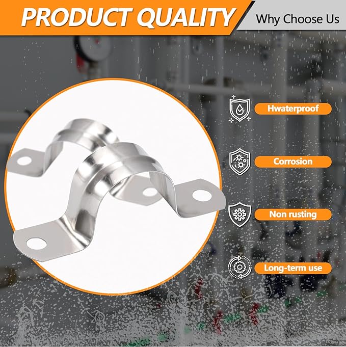 60 Pack M40 (1-1/2") Stainless Steel Pipe Straps - Heavy Duty U-Bracket Clamps with 2 Holes for Rigid Pipe, Cable, and Conduit Fastening (1.57" Width)
