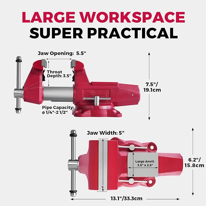 Forward Round Bench Vise 5 Inch Heavy Duty, 1750 Economic Industrial Vice with 360° Swivel Base, 5" Jaw Width, 5-1/2" Max Jaw Opening, 3-1/2" Throat Depth, 72,000PSI Ductile Iron